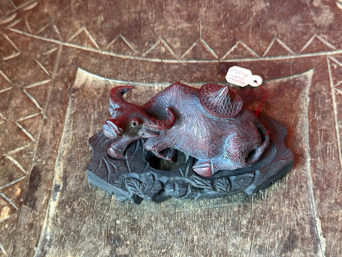 Vintage Hand Carved Rosewood Water Buffalo Figurine – Reclining w/ Stand 3.5"