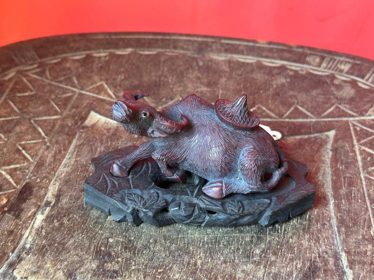 Vintage Hand Carved Rosewood Water Buffalo Figurine – Reclining w/ Stand 3.5"