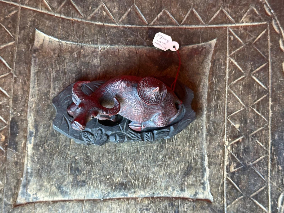 Vintage Hand Carved Rosewood Water Buffalo Figurine – Reclining w/ Stand 3.5"
