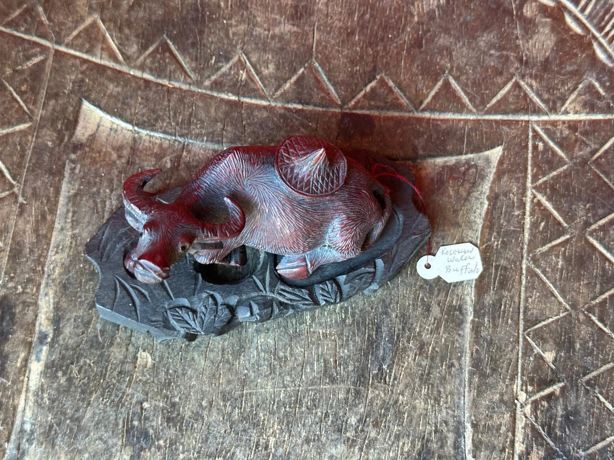 Vintage Hand Carved Rosewood Water Buffalo Figurine – Reclining w/ Stand 3.5"