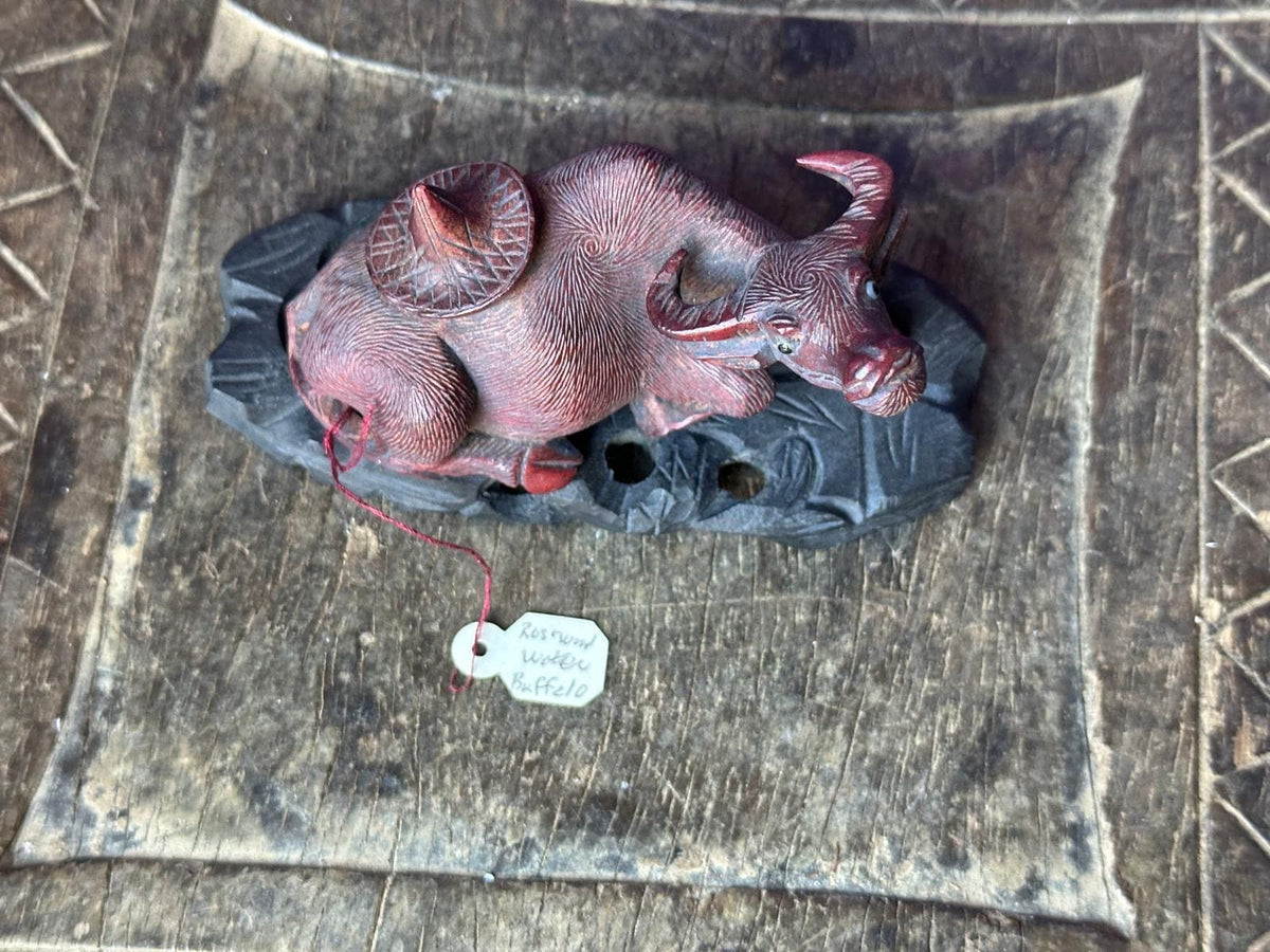 Vintage Hand Carved Rosewood Water Buffalo – Reclining w/ Carved Base 3.5"