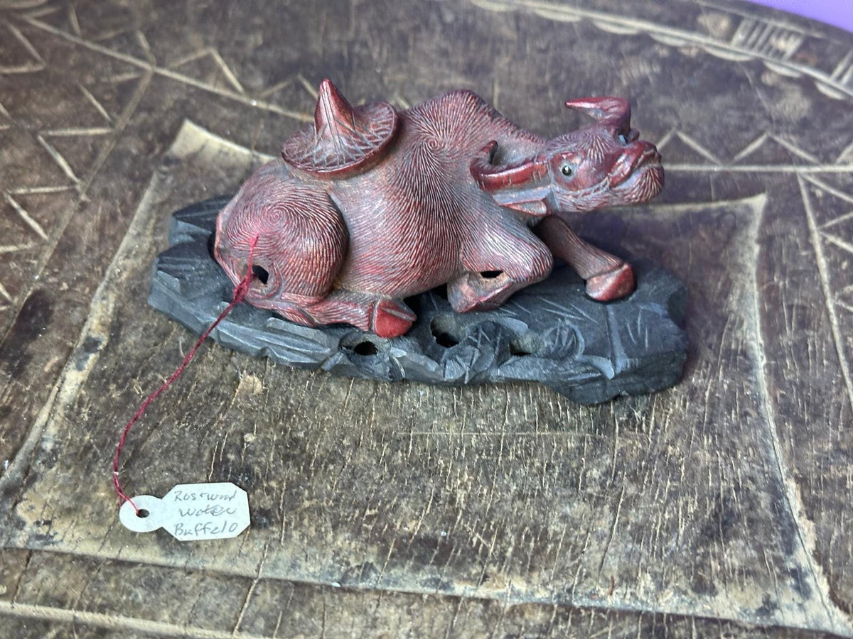 Vintage Hand Carved Rosewood Water Buffalo – Reclining w/ Carved Base 3.5"