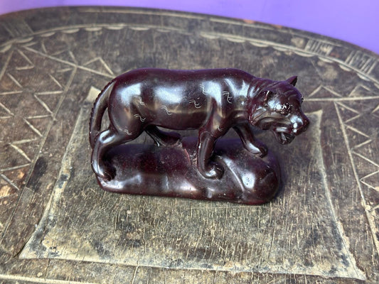 Vintage Hand Carved Stone Tiger Figurine – Stalking on Rock Base 4"