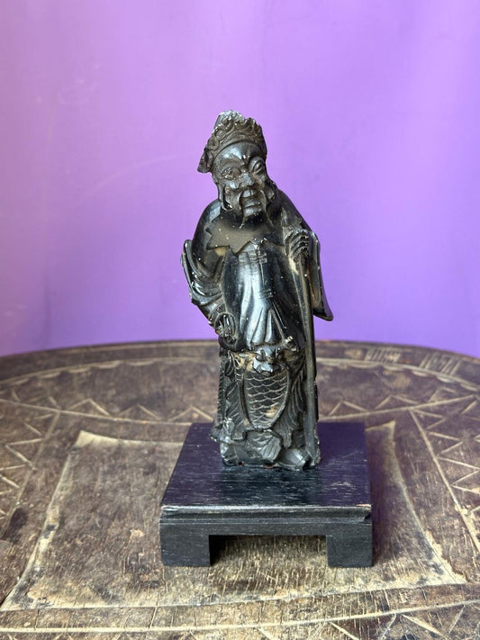 Vintage Hand Carved Black Stone Chinese Immortal Figure – Bearded Sage 5.3"