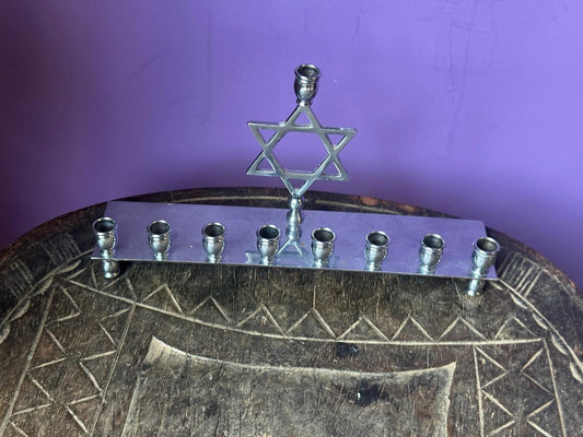 Vintage Chrome Hanukkah Menorah – Star of David Design Modernist 8"