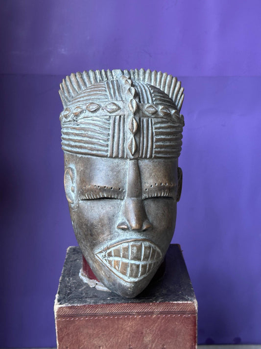 Vintage West African Mask Carved Wood Bared Teeth Coiffure Tribal Wall Art 9.5"