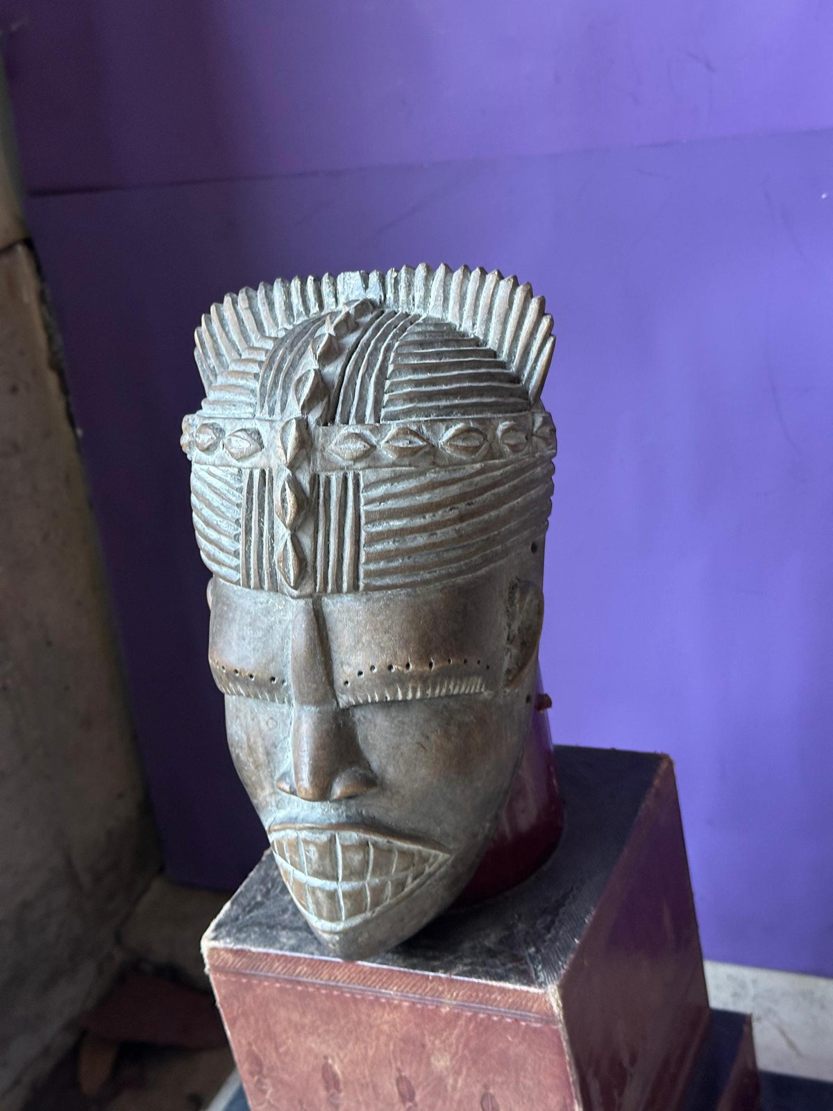 Vintage West African Mask Carved Wood Bared Teeth Coiffure Tribal Wall Art 9.5"