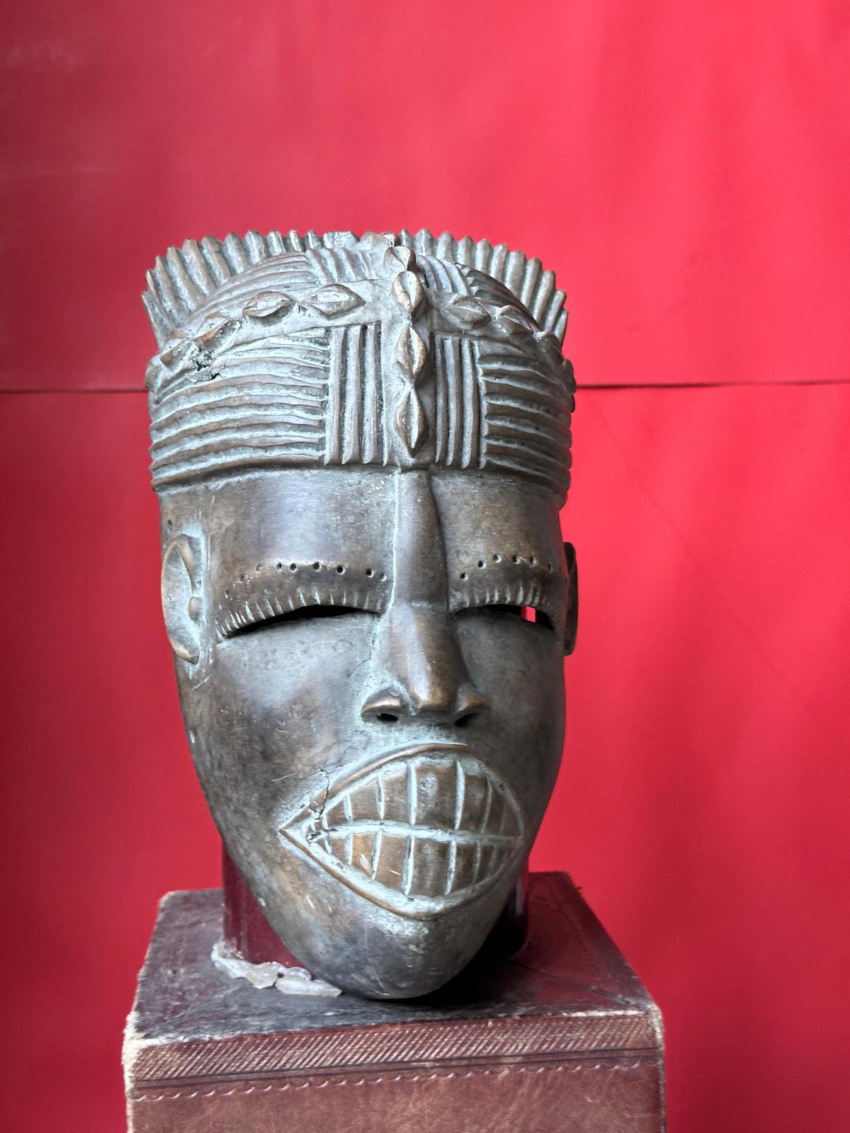 Vintage West African Mask Carved Wood Bared Teeth Coiffure Tribal Wall Art 9.5"