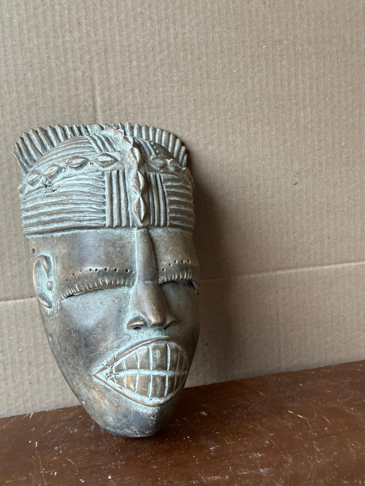 Vintage West African Mask Carved Wood Bared Teeth Coiffure Tribal Wall Art 9.5"