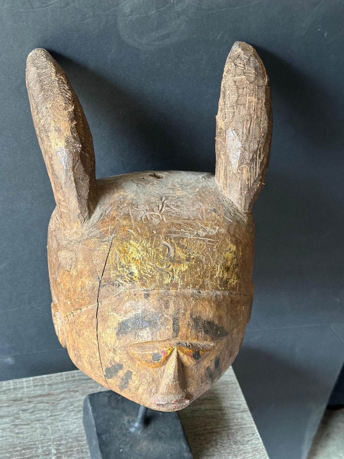 Old Yoruba Gelede Helmet Mask – Rabbit Hare Ears & Pigment 12" | African Tribal Art Decor