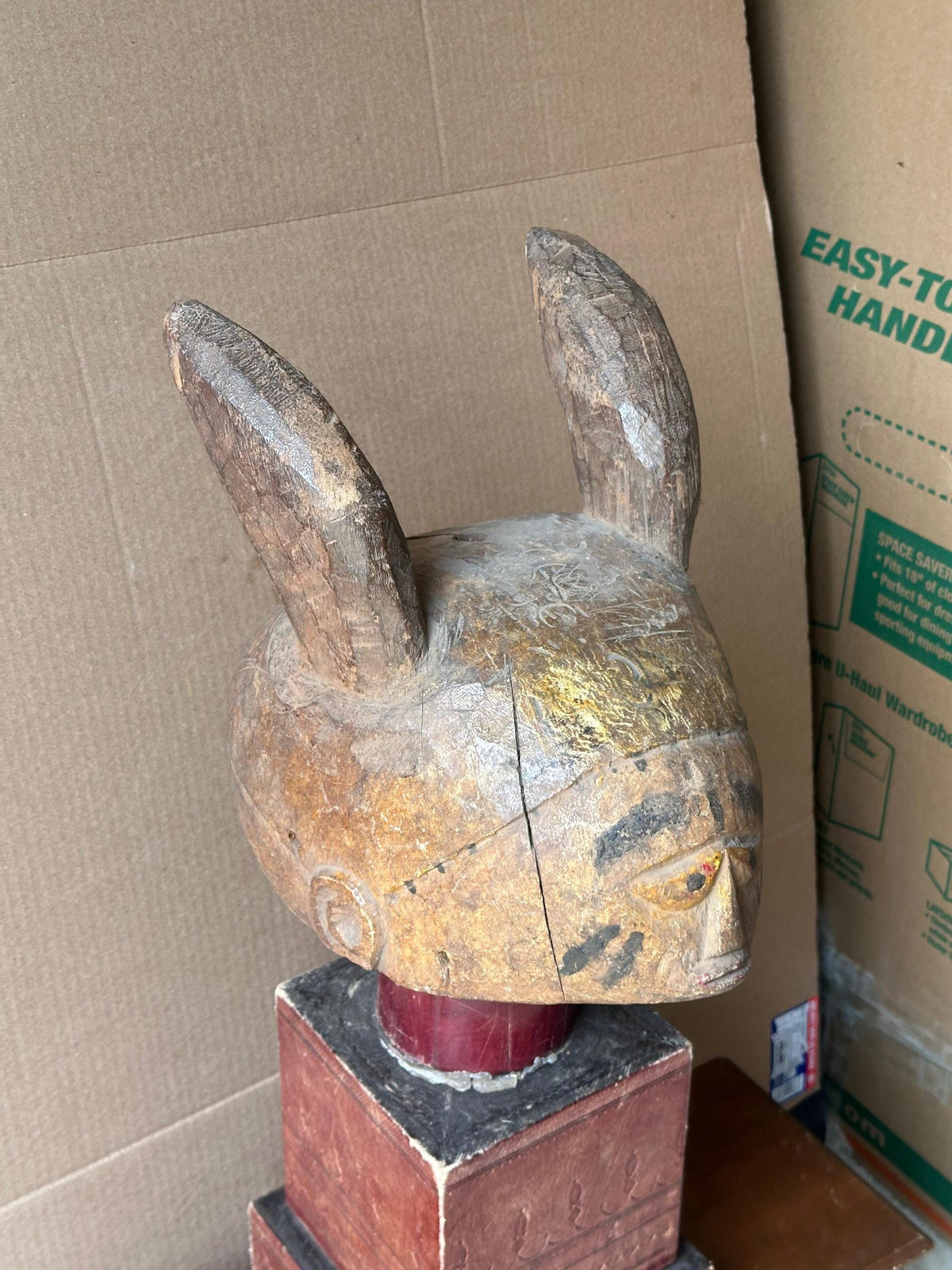 Old Yoruba Gelede Helmet Mask – Rabbit Hare Ears & Pigment 12" | African Tribal Art Decor