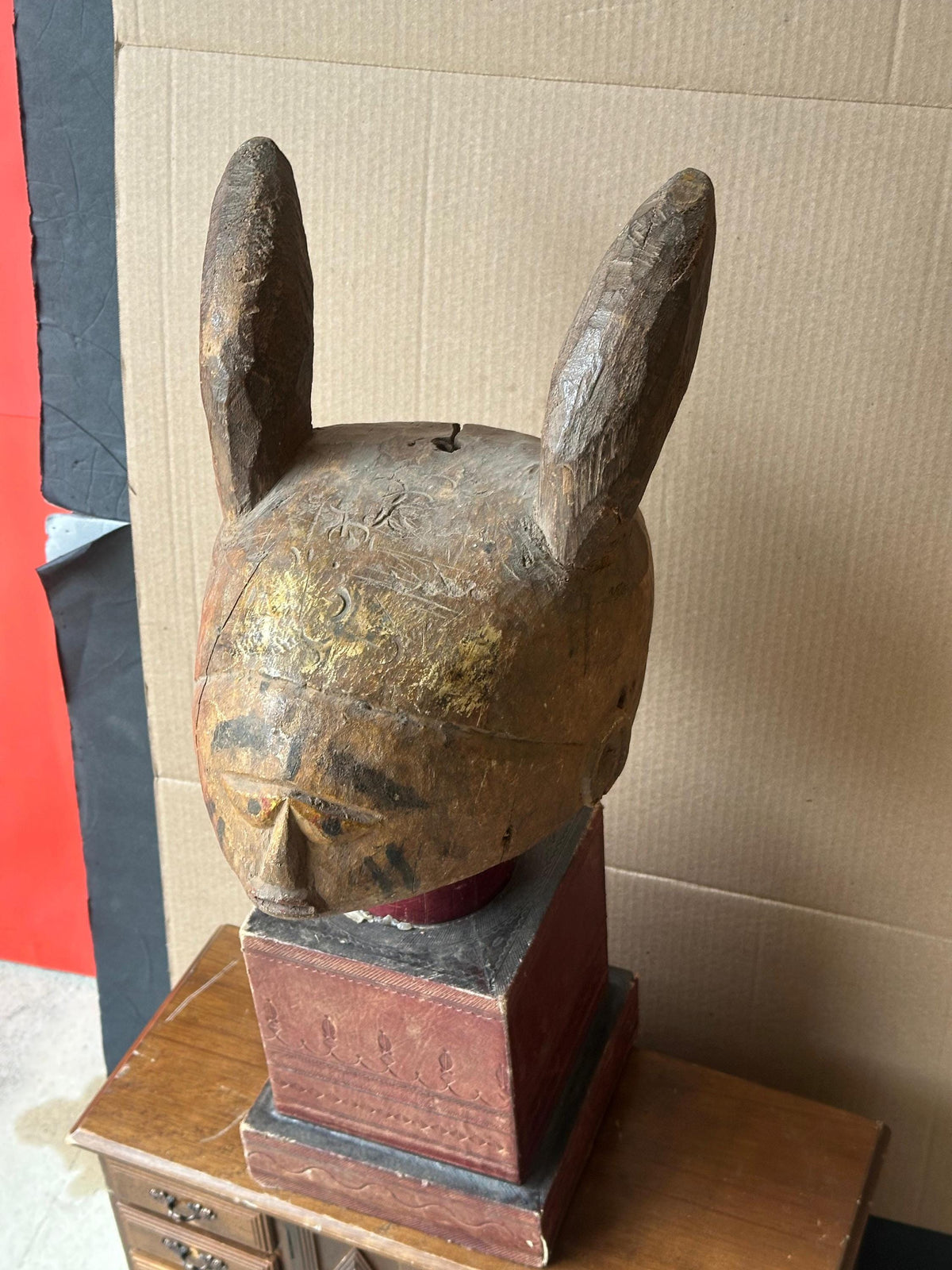Old Yoruba Gelede Helmet Mask – Rabbit Hare Ears & Pigment 12" | African Tribal Art Decor