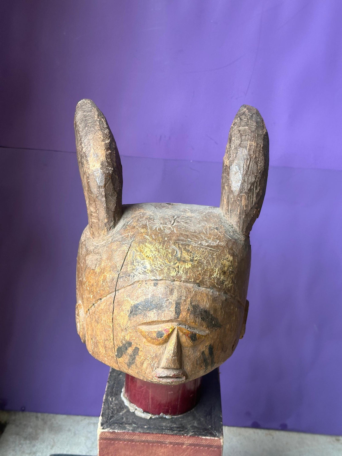 Old Yoruba Gelede Helmet Mask – Rabbit Hare Ears & Pigment 12" | African Tribal Art Decor