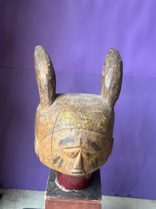 Old Yoruba Gelede Helmet Mask – Rabbit Hare Ears & Pigment 12" | African Tribal Art Decor