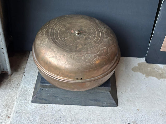 Large Vintage Hand Hammered Brass Bowl Domed Lid Etched Designs 15.5"