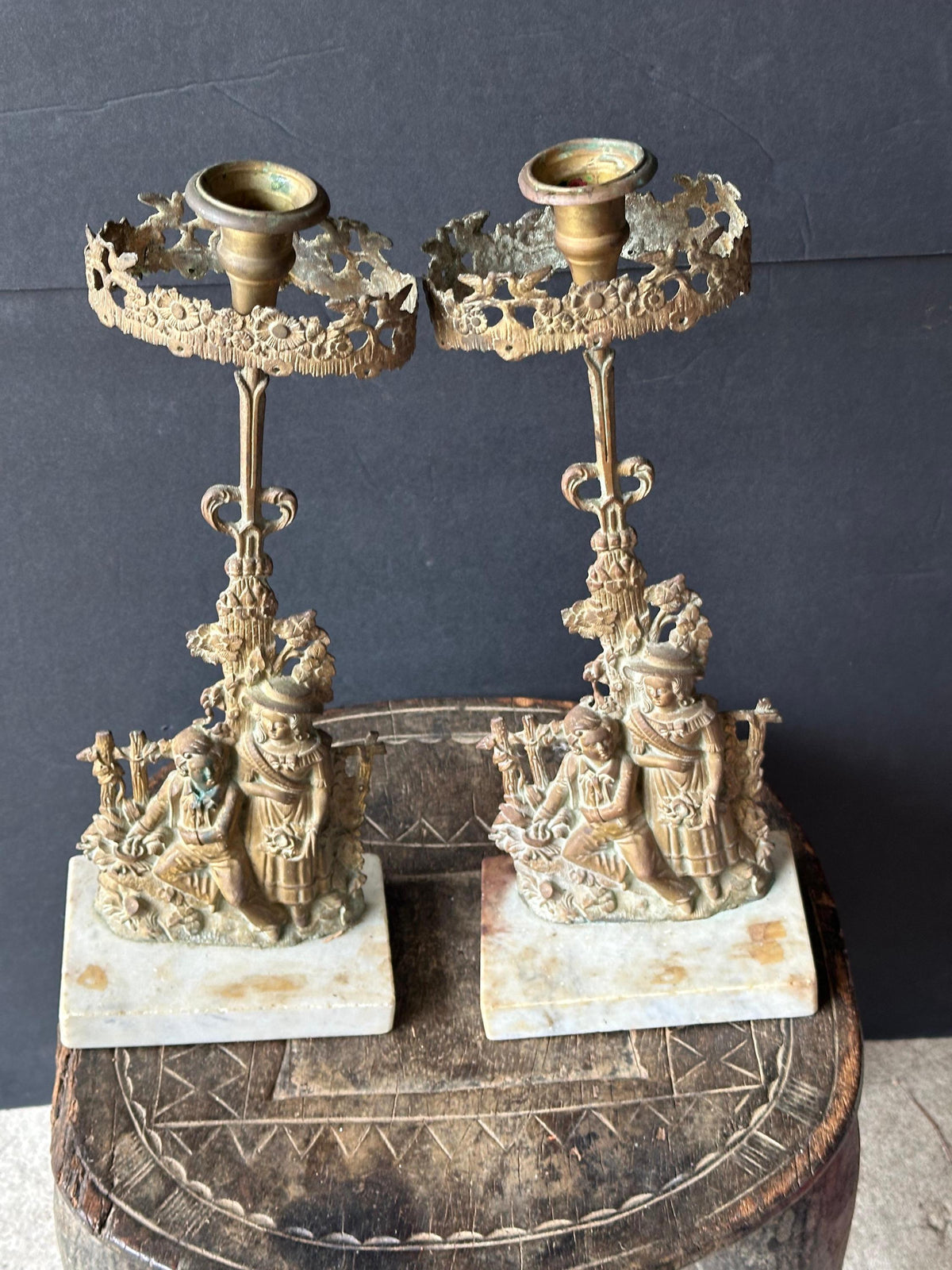 Figural Brass Candlesticks Pair, Victorian Style Candle Holders on Marble Base, 14 in Ornate Mantel Decor, Rococo Reviva