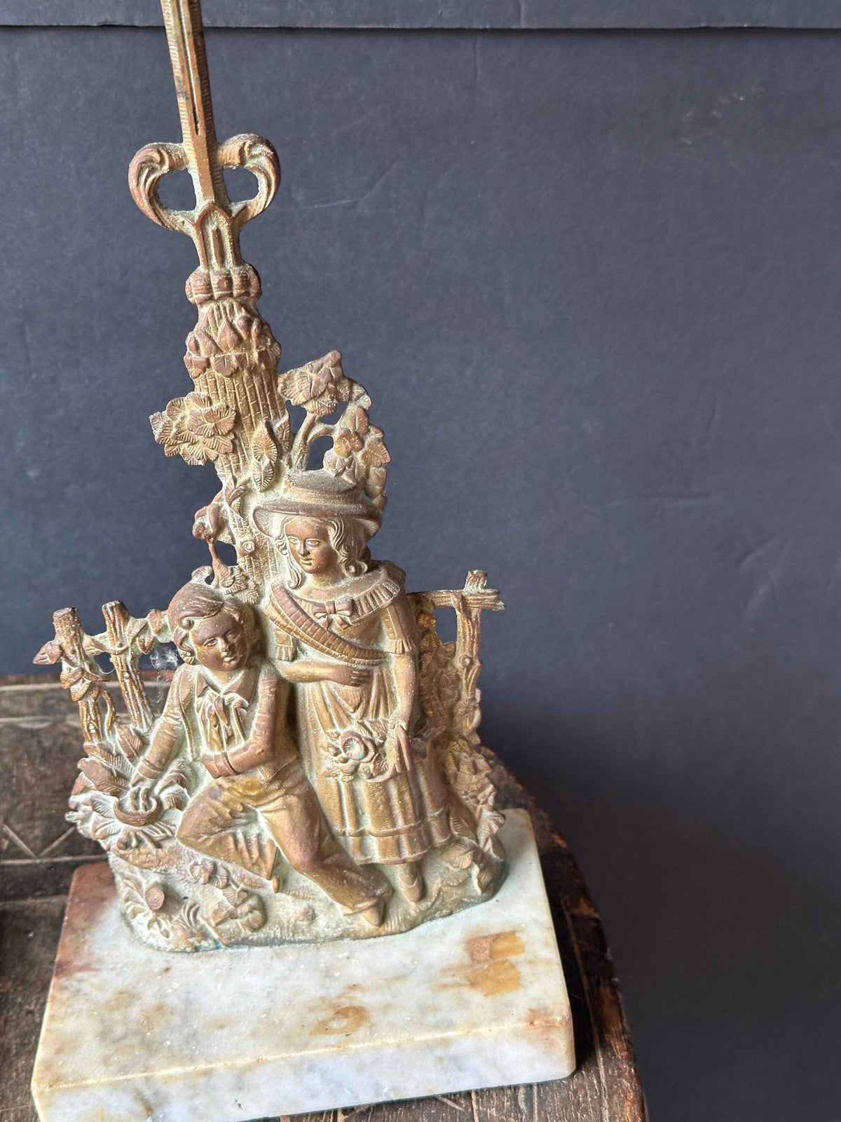 Figural Brass Candlesticks Pair, Victorian Style Candle Holders on Marble Base, 14 in Ornate Mantel Decor, Rococo Reviva