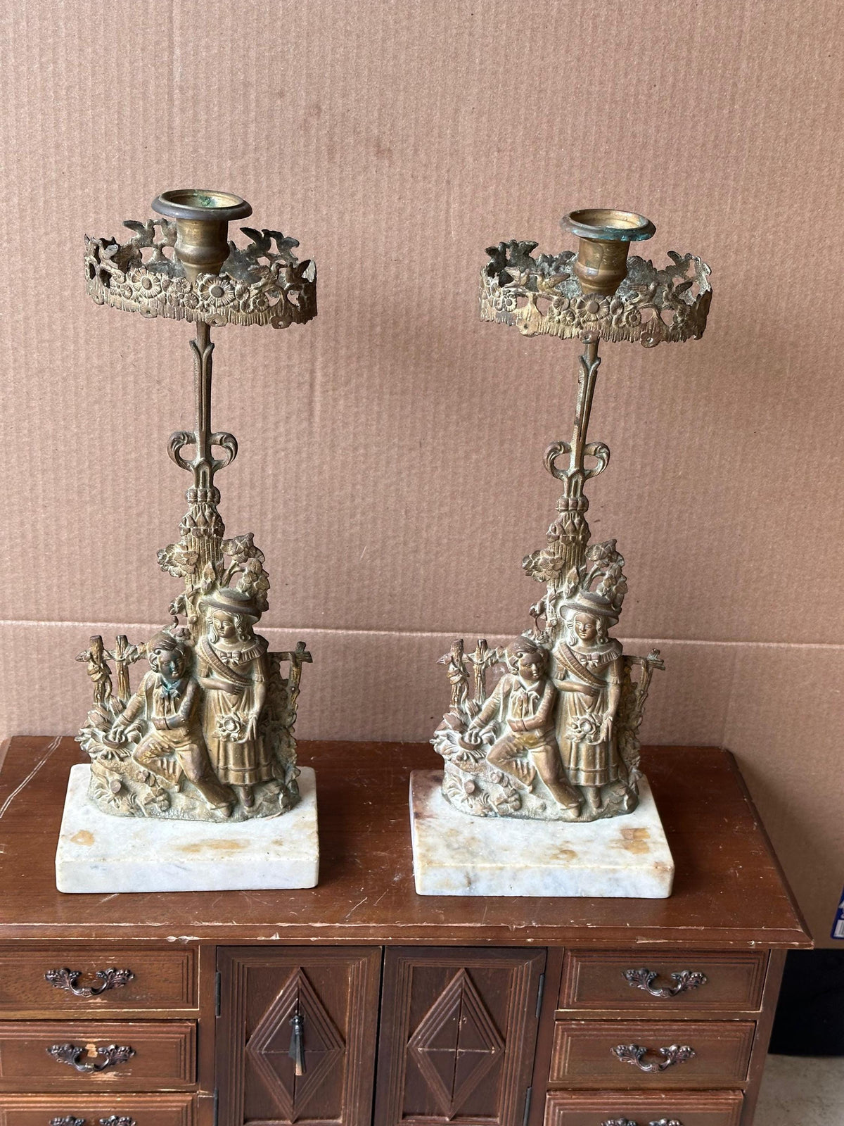 Figural Brass Candlesticks Pair, Victorian Style Candle Holders on Marble Base, 14 in Ornate Mantel Decor, Rococo Reviva