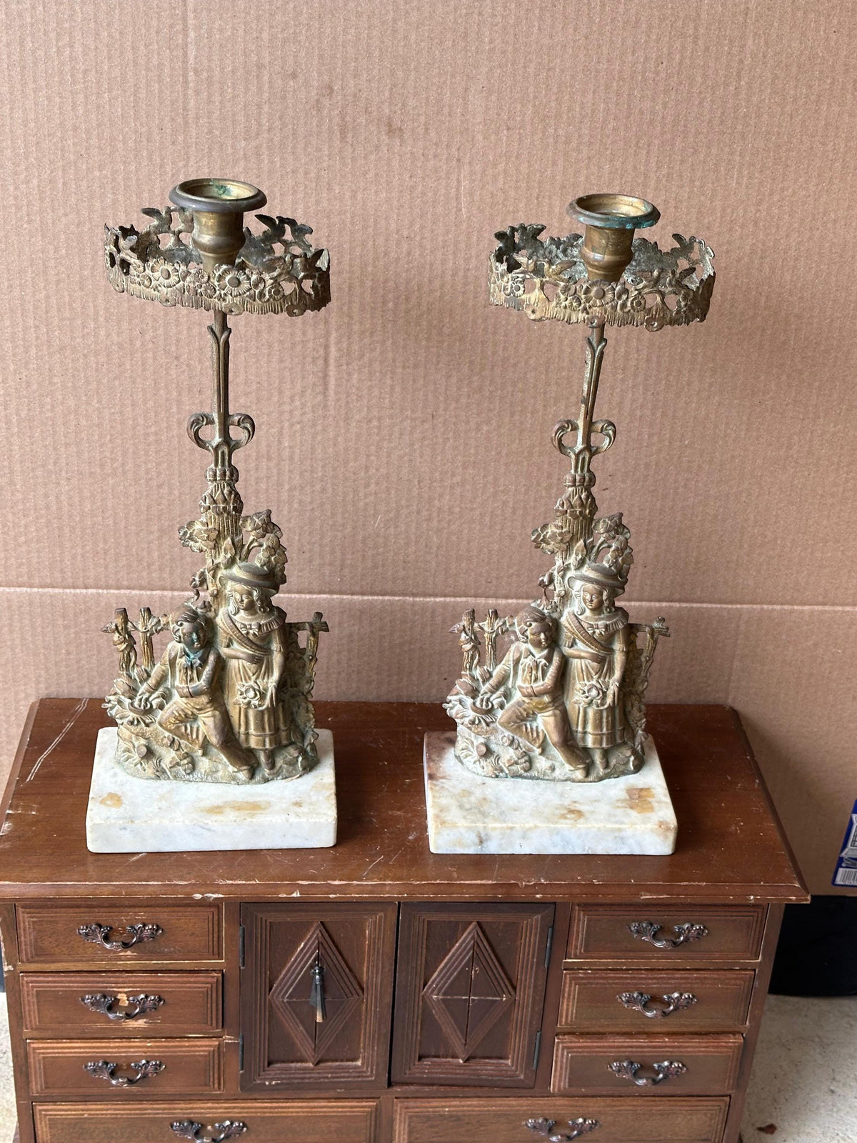 Figural Brass Candlesticks Pair, Victorian Style Candle Holders on Marble Base, 14 in Ornate Mantel Decor, Rococo Reviva