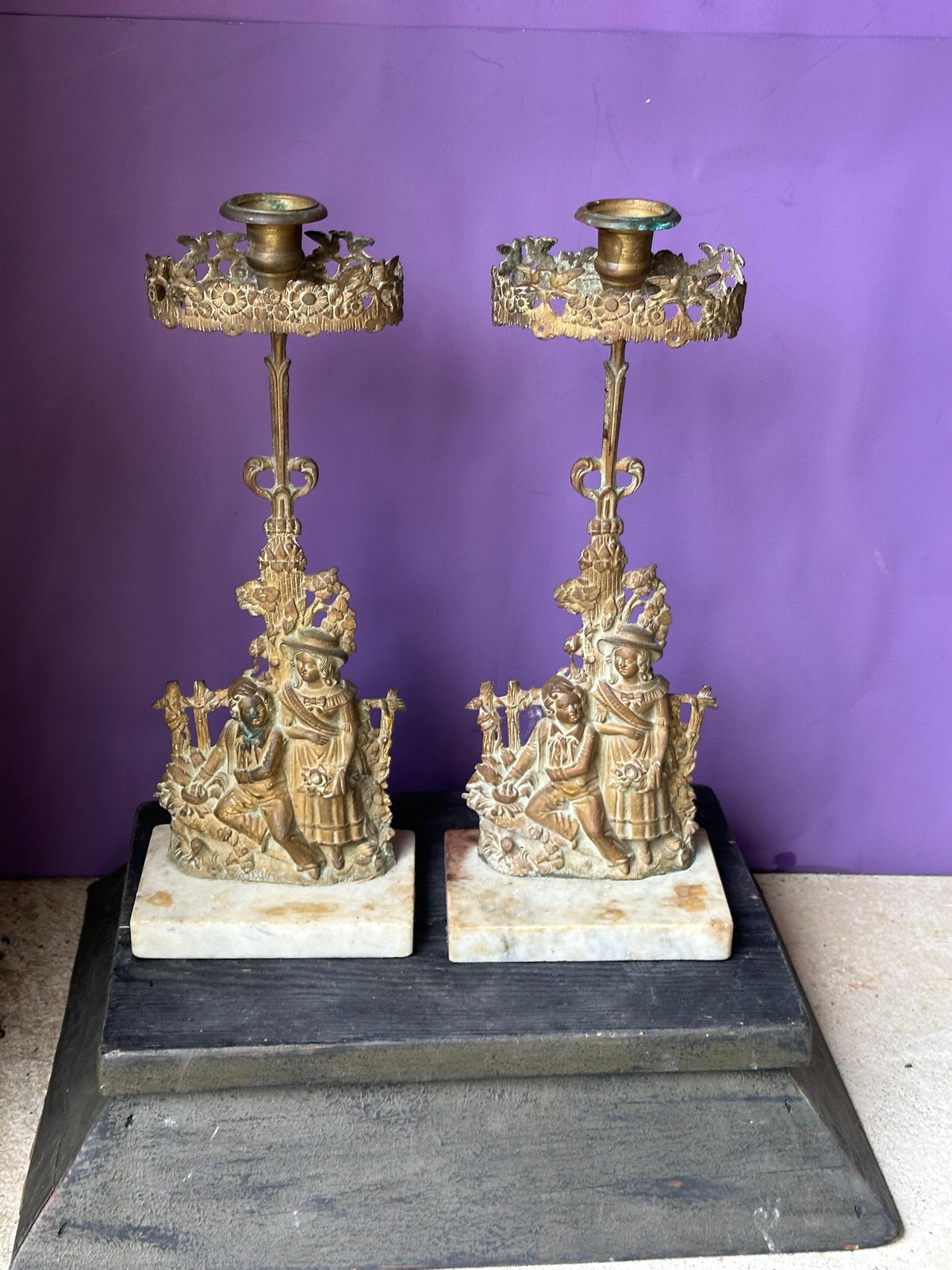 Figural Brass Candlesticks Pair, Victorian Style Candle Holders on Marble Base, 14 in Ornate Mantel Decor, Rococo Reviva