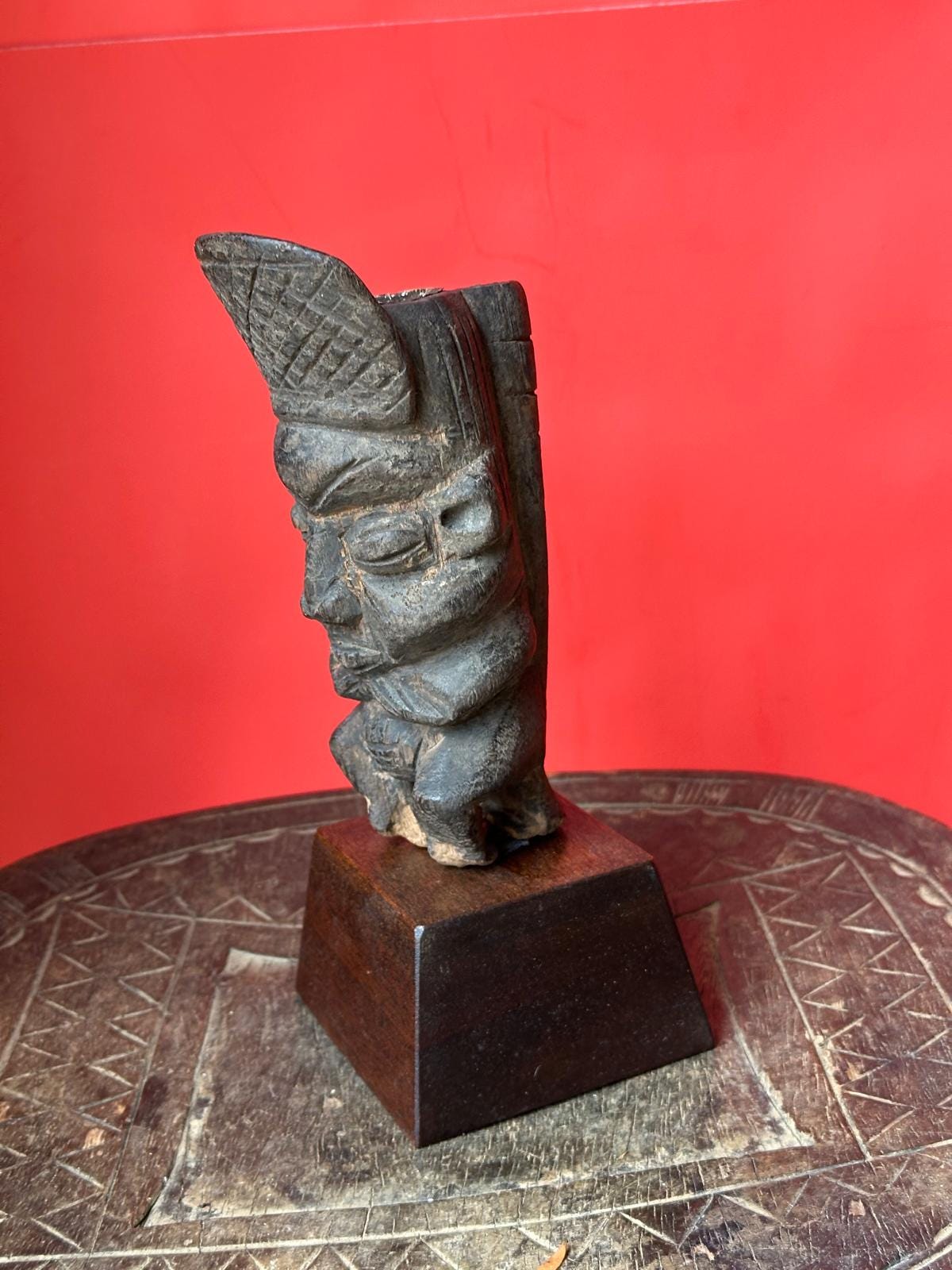 Vintage Bamileke Figural Pipe Carved Ancestral Head Cameroon African Art