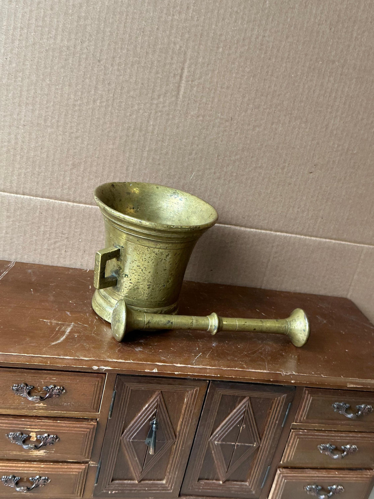 Vintage Heavy Brass Mortar & Pestle Set Square Handles Apothecary 4.5"