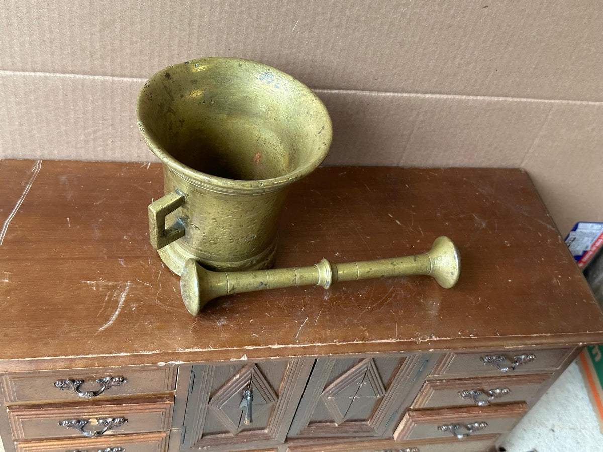 Vintage Heavy Brass Mortar & Pestle Set Square Handles Apothecary 4.5"