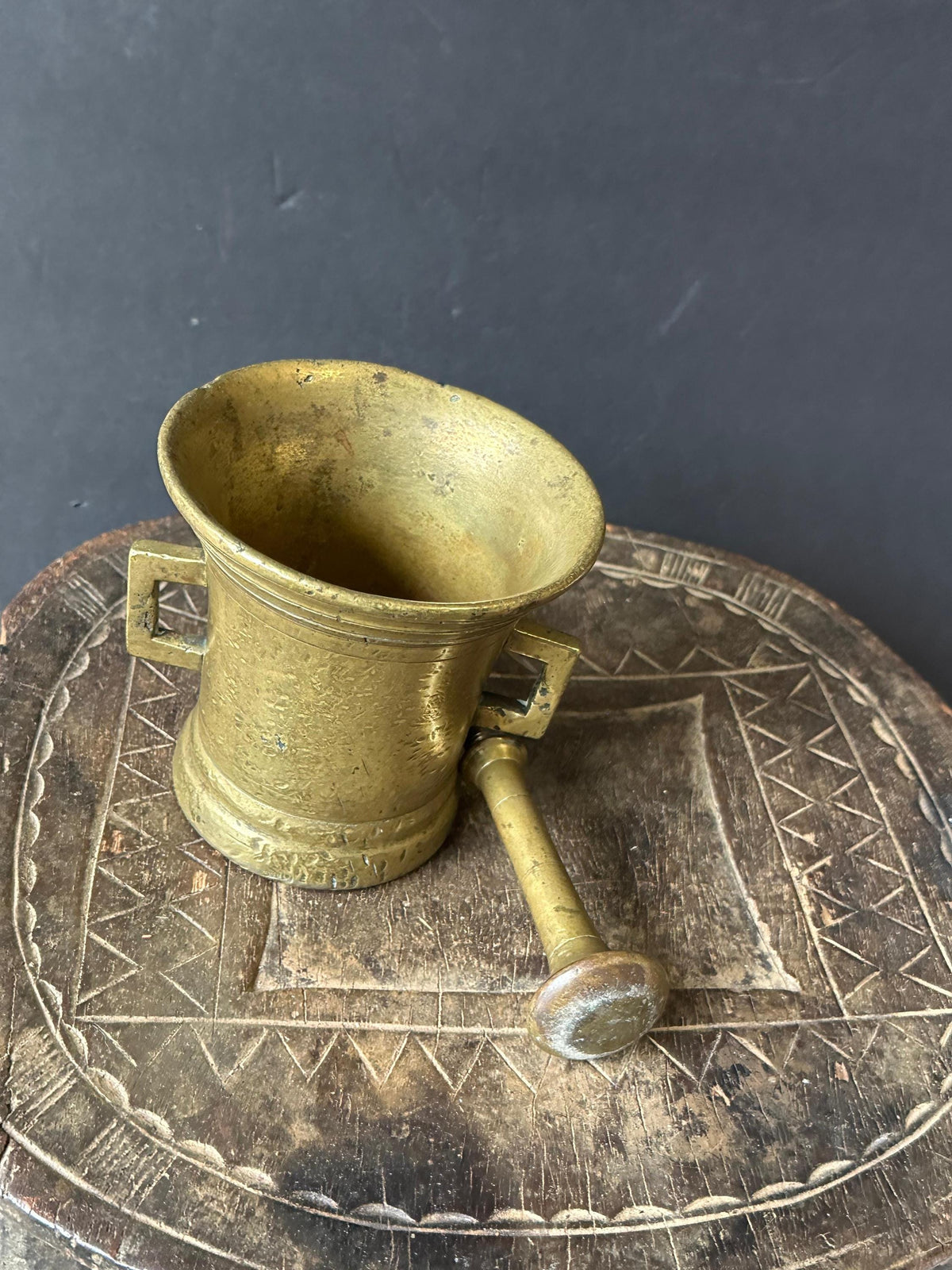Vintage Heavy Brass Mortar & Pestle Set Square Handles Apothecary 4.5"