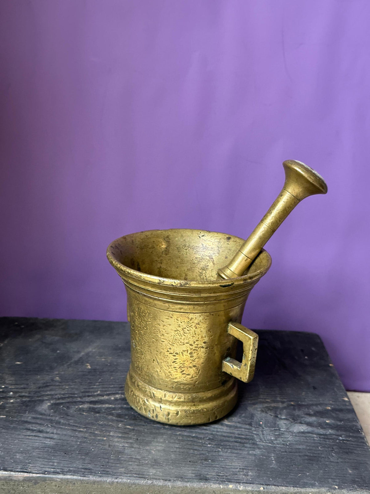 Vintage Heavy Brass Mortar & Pestle Set Square Handles Apothecary 4.5"