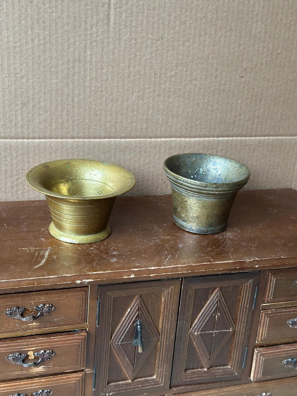 Vintage Brass Mortars Pair Small Apothecary Bowls 4.5" & 4"