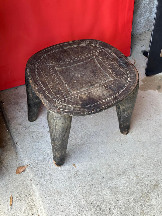 Vintage Nupe Four Legged Carved Wood Stool Geometric Incised Seat Nigeria 13.5"