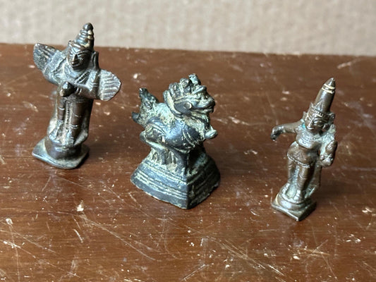 Vintage Miniature Bronze Vaishnava Triad Vishnu Lakshmi Nandi Bull Hindu Altar