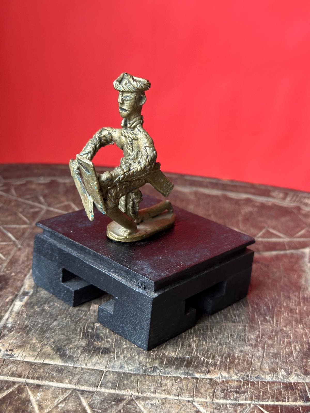 Vintage African Bronze Sculpture – Kneeling Warrior with Shield 2.8"