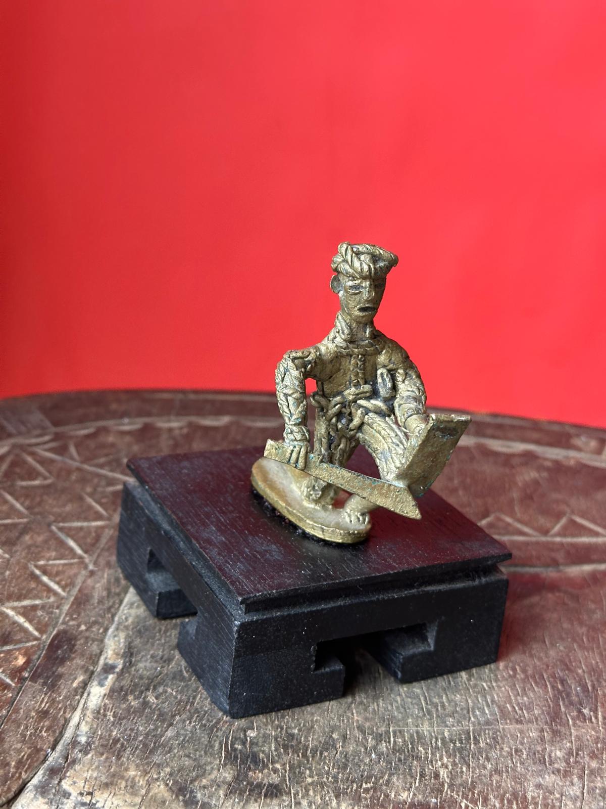 Vintage African Bronze Sculpture – Kneeling Warrior with Shield 2.8"