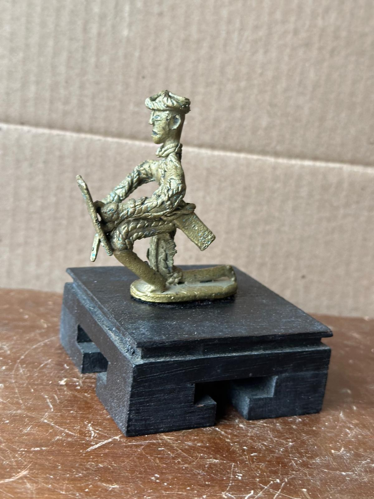 Vintage African Bronze Sculpture – Kneeling Warrior with Shield 2.8"