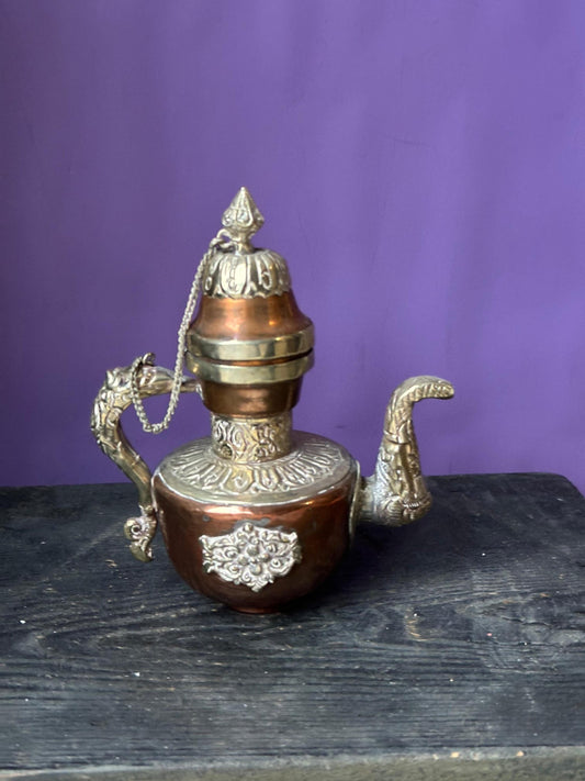 Vintage Tibetan Copper Brass Ewer – Dragon Handle Makara Spout Nepal 6"
