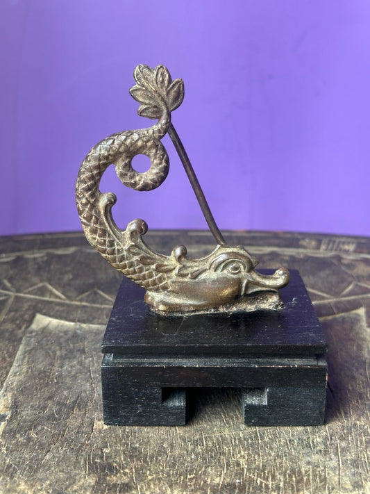 Vintage Bronze Dolphin Fibula Sculpture – Mounted Cloak Pin Artifact Style 3.3"