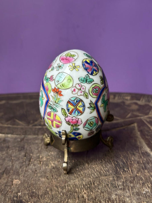 Vintage Chinese Hand Painted Enamel Egg on Stand – Pink Peony & Symbols 2.5"