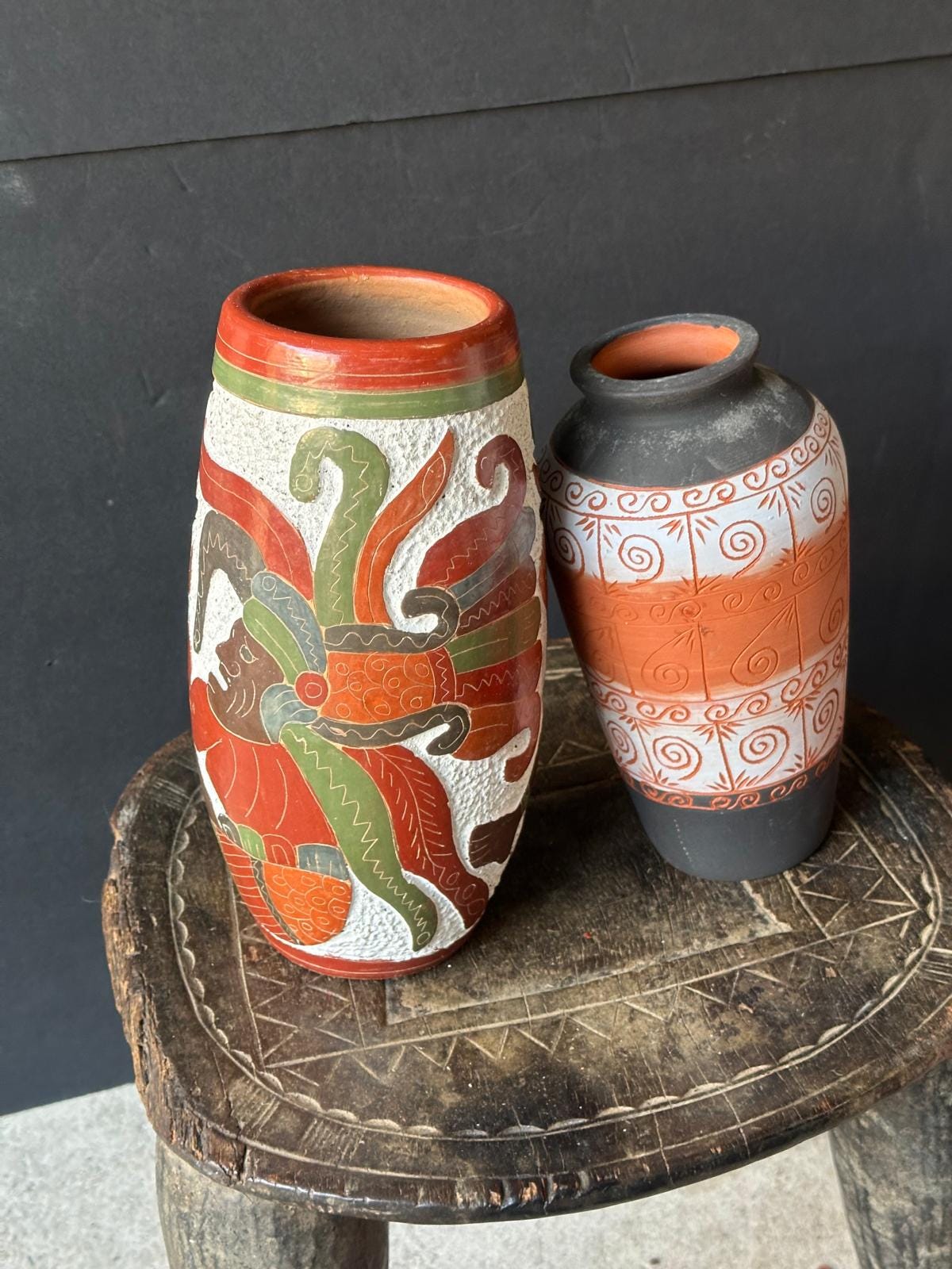 Vintage Mexican Folk Pottery Vases Set of 2 – Aztec Mayan Figure & Geometric 9"