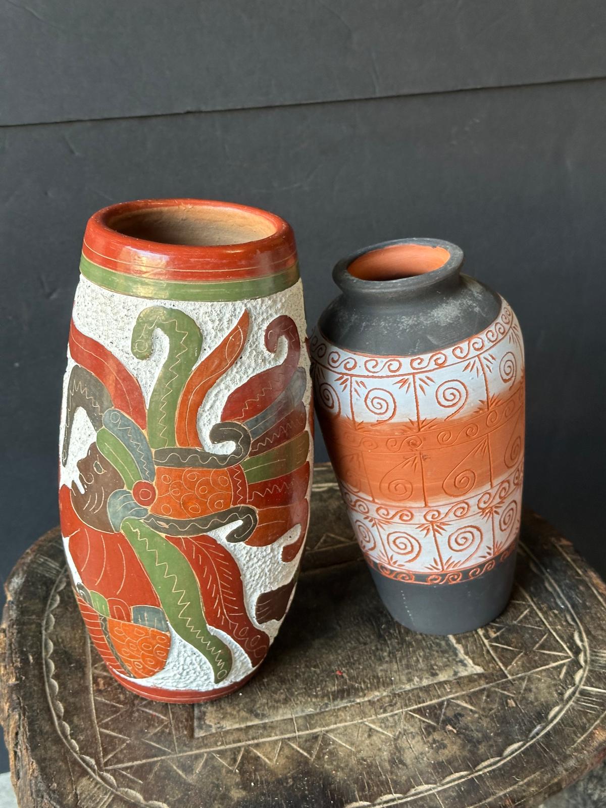Vintage Mexican Folk Pottery Vases Set of 2 – Aztec Mayan Figure & Geometric 9"