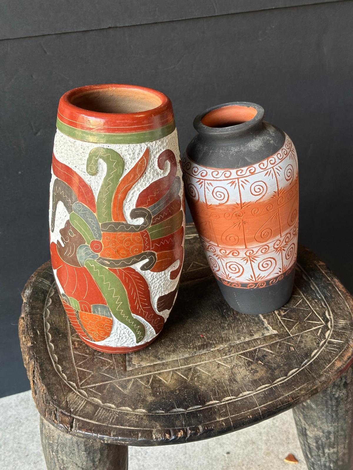 Vintage Mexican Folk Pottery Vases Set of 2 – Aztec Mayan Figure & Geometric 9"