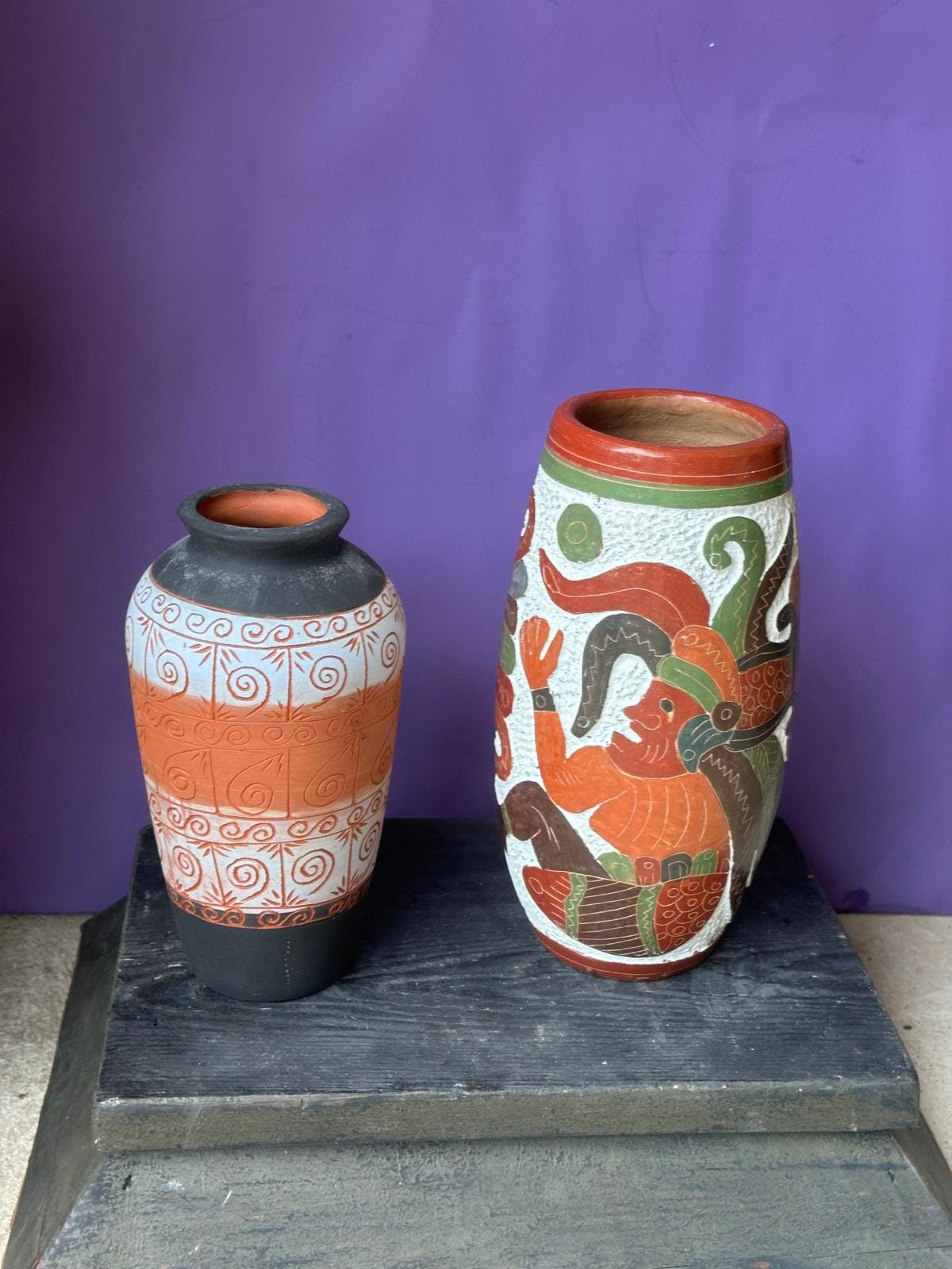 Vintage Mexican Folk Pottery Vases Set of 2 – Aztec Mayan Figure & Geometric 9"