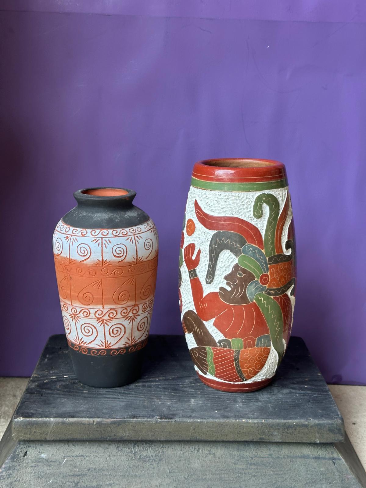 Vintage Mexican Folk Pottery Vases Set of 2 – Aztec Mayan Figure & Geometric 9"