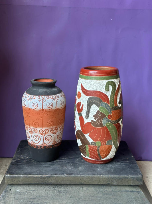 Vintage Mexican Folk Pottery Vases Set of 2 – Aztec Mayan Figure & Geometric 9"