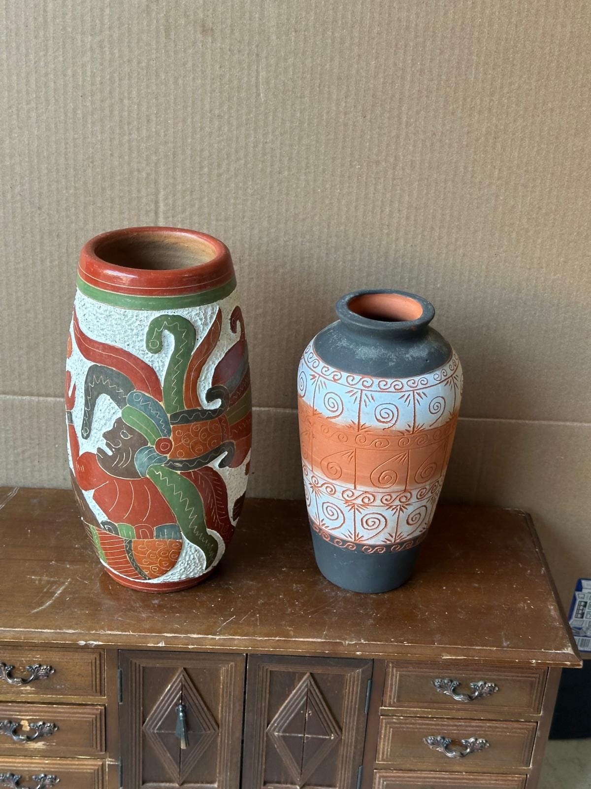 Vintage Mexican Folk Pottery Vases Set of 2 – Aztec Mayan Figure & Geometric 9"