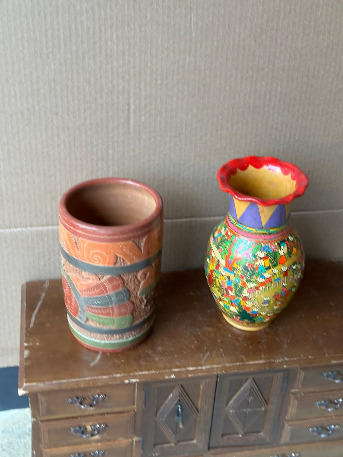Vintage Mexican Folk Pottery Vases Set – Xalitla Storyteller & Mayan Relief 8"