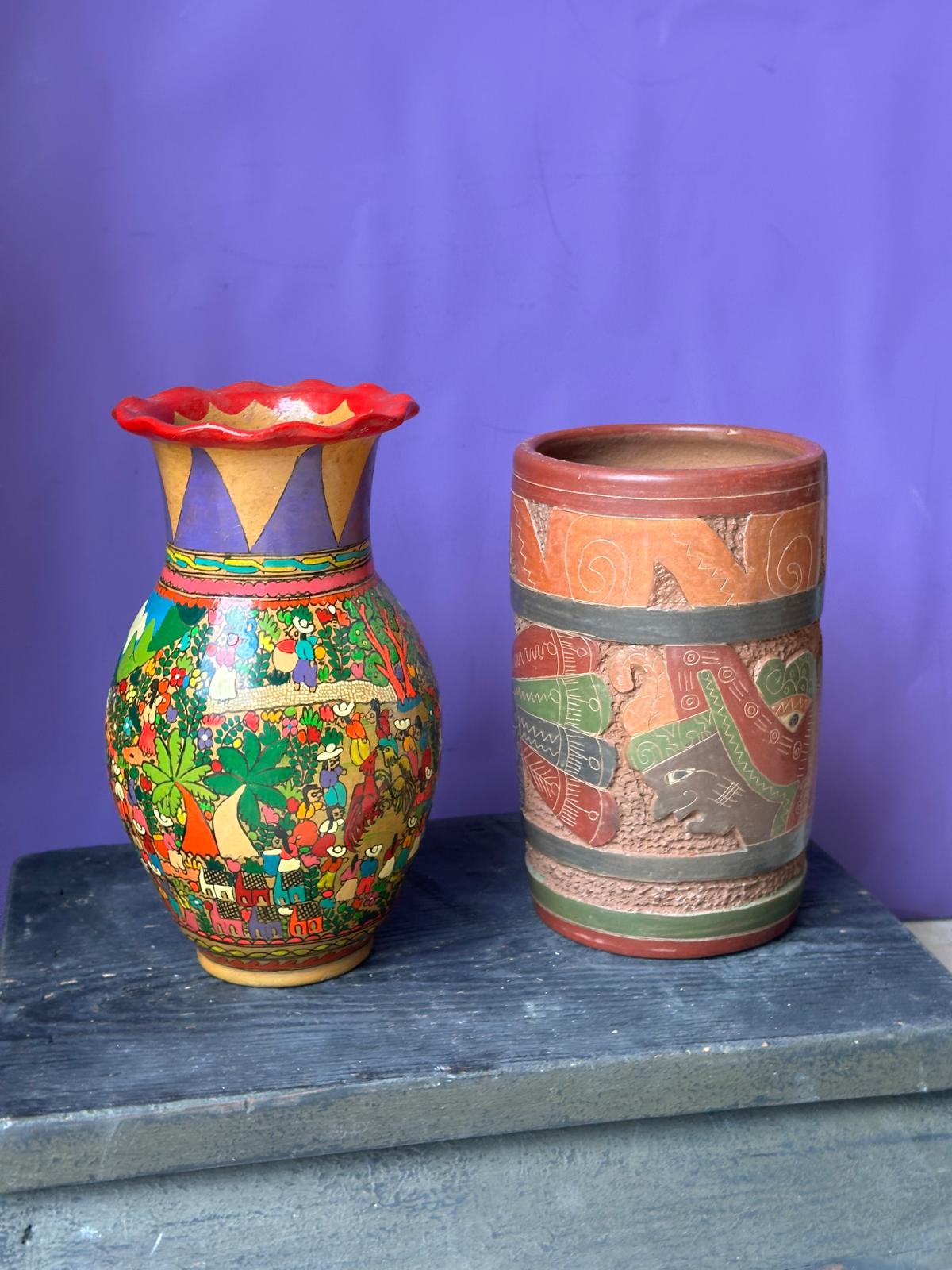 Vintage Mexican Folk Pottery Vases Set – Xalitla Storyteller & Mayan Relief 8"