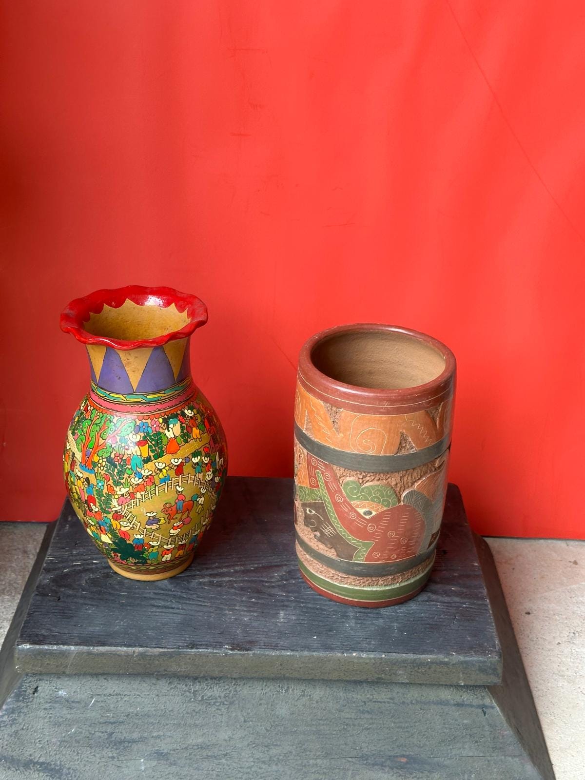 Vintage Mexican Folk Pottery Vases Set – Xalitla Storyteller & Mayan Relief 8"