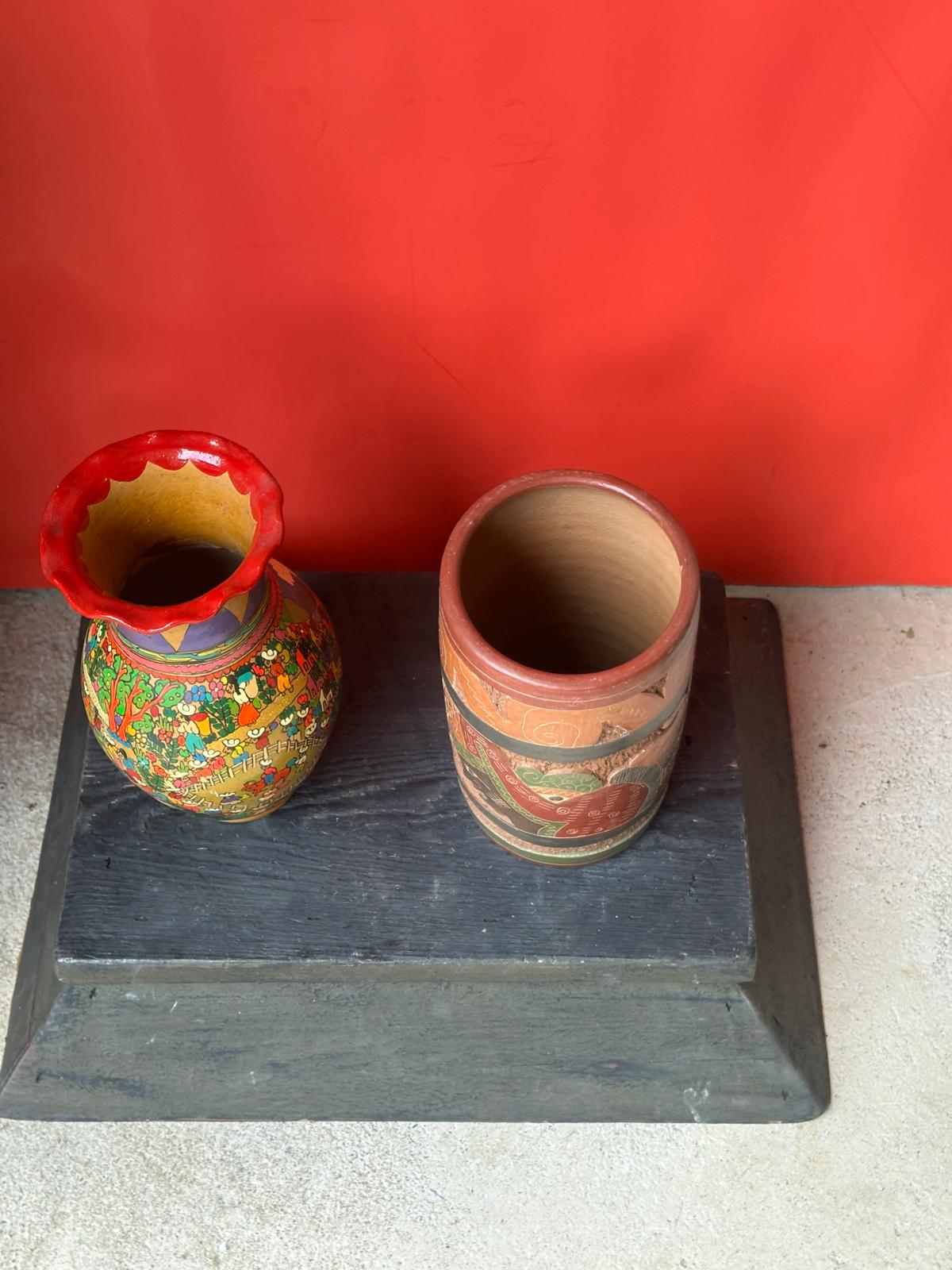 Vintage Mexican Folk Pottery Vases Set – Xalitla Storyteller & Mayan Relief 8"