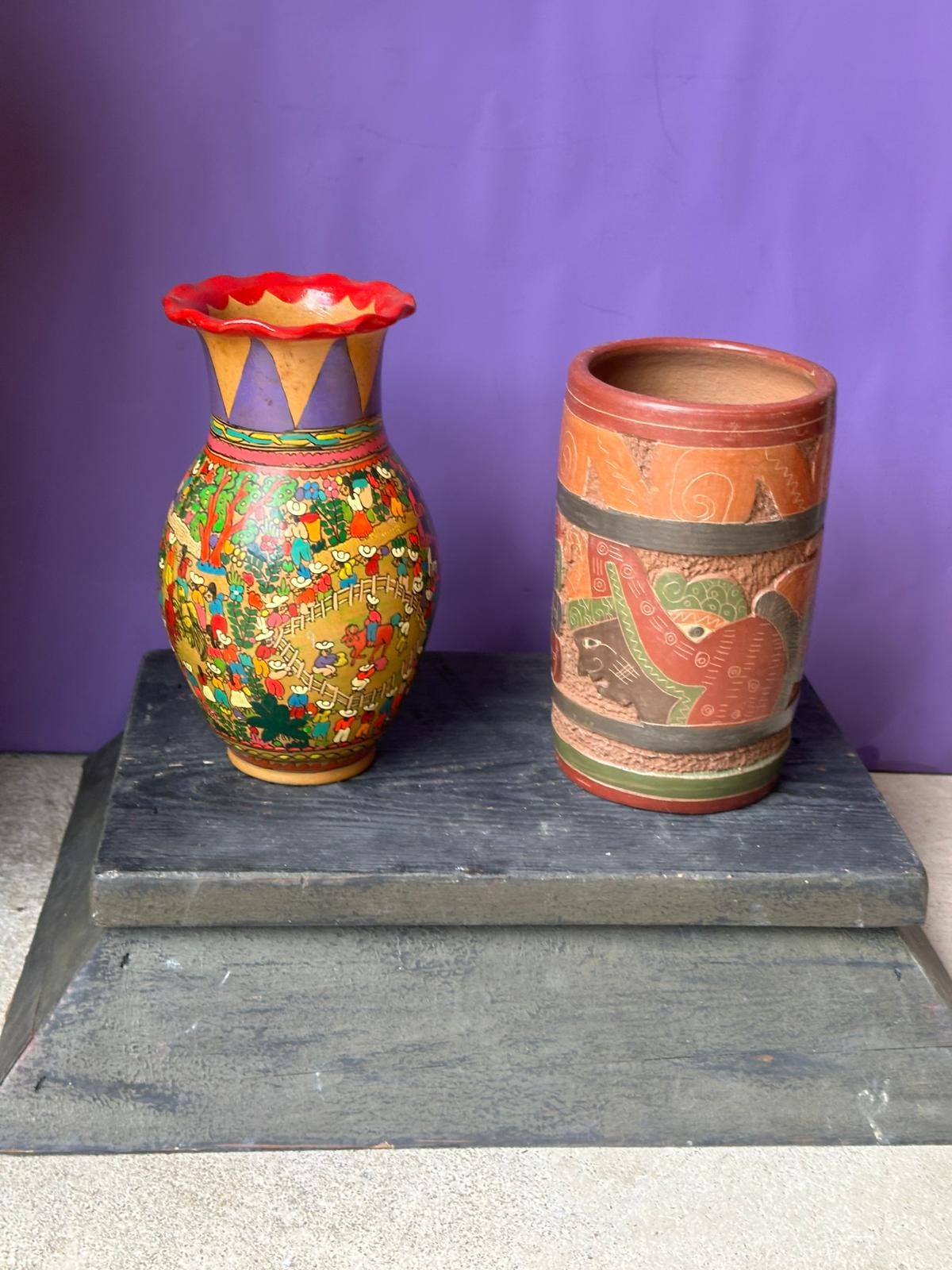 Vintage Mexican Folk Pottery Vases Set – Xalitla Storyteller & Mayan Relief 8"